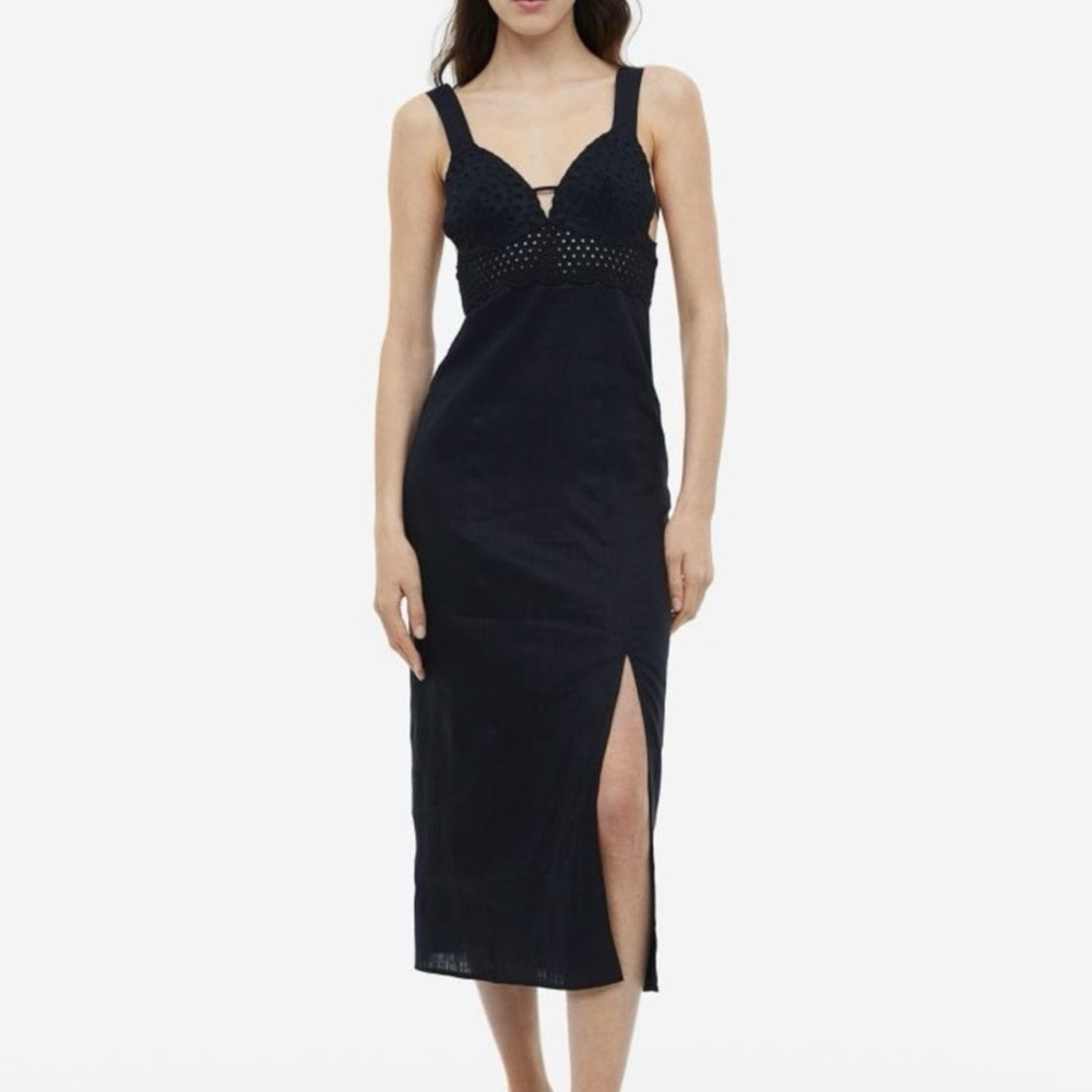 H&M Black Linen Dress with Eyelet Design